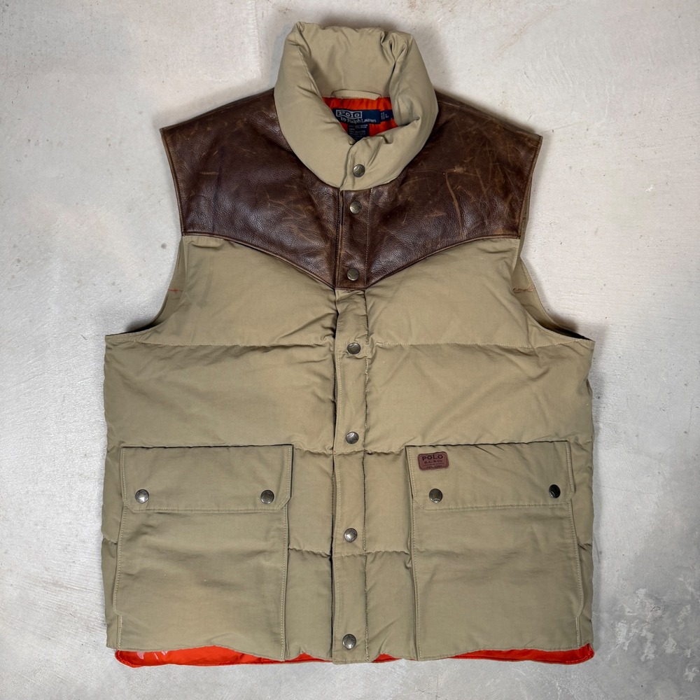 Polo Ralph Lauren Men Western Down Puffer Vest Leather Yoke Tan Orange Large